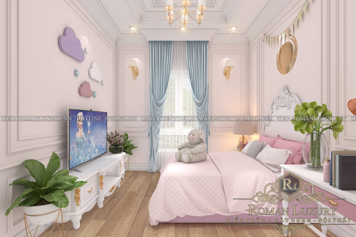 phòng ngủ con gái biệt thự phong cách cổ điển 