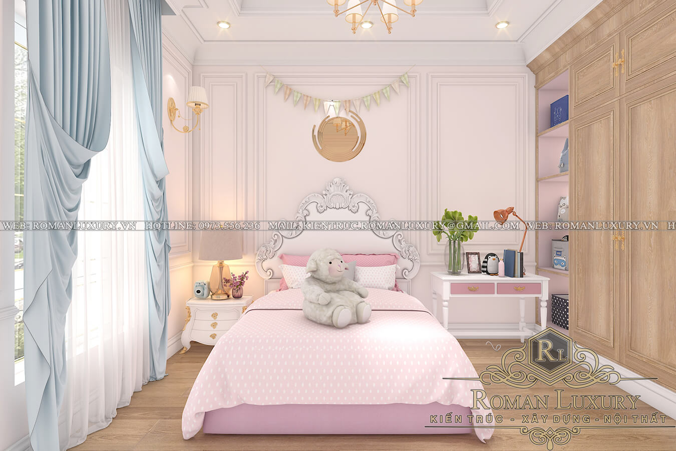 phòng ngủ con gái biệt thự phong cách cổ điển 