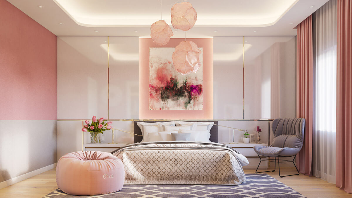 thiết kế nội thất phòng ngủ màu hồng 7